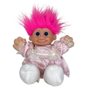 Vintage Russ Troll Doll Pink Hair with Pink Satin Dress 16"